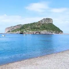 Acque azzurre e una spiaggia di ciottoli nel **golfo di Policastro**, con un'isola verdeggiante sullo sfondo.