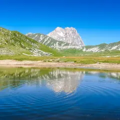 Specchio d'acqua riflette le maestose montagne del centro Italia, con verdi pendii e un picco roccioso sotto un cielo azzurro.