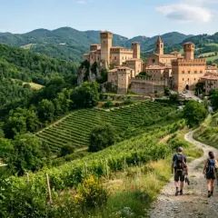 Coppia di escursionisti ammira un suggestivo borgo medievale a Piacenza, circondato da vigneti e colline verdi.