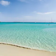 Acque cristalline e sabbia dorata sulle coste della Sardegna, con barche a vela all'orizzonte e persone che nuotano.