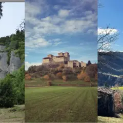 Trekking in Emilia Romagna: roccaforte su roccia, castello medievale e paesaggio appenninico innevato.