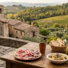 Un pasto delizioso con salumi, pasta e pane, affacciato su uno dei borghi umbri poco conosciuti, tra colline verdi e uliveti.