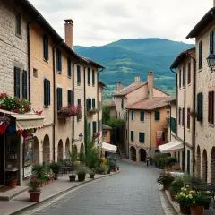 Strada acciottolata tra case in pietra e fiori, un'incantevole immagine di borghi nord Italia con montagne sullo sfondo.