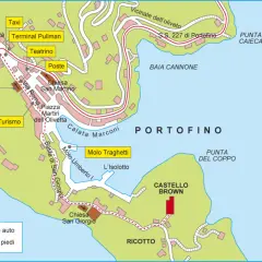 Mappa di Portofino: mostra il comune, il terminal Pullman, il Castello Brown, le chiese e i percorsi a piedi e in auto.
