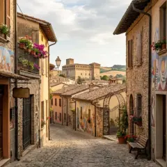 Un pittoresco borgo dei murales con case colorate, un castello in lontananza e un vicolo acciottolato.