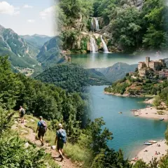 Escursionisti tra le verdi montagne nel Lazio, con cascate, un lago azzurro e borghi arroccati.