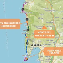 Mappa dettagliata per il tuo viaggio alle Cinque Terre, con sentieri, borghi e la costa da Riomaggiore a Monterosso.