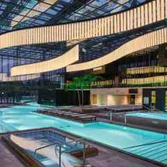 Interno moderno delle Merano Terme con piscine luminose, lettini e palme sotto un soffitto vetrato con illuminazione scenografica.
