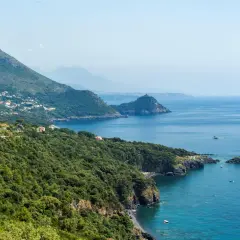 Costa verde e blu intenso del policastro mare, con case sparse tra la vegetazione e montagne sullo sfondo.