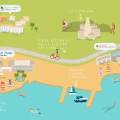 Mappa della pista ciclabile della Riviera dei Fiori: da Marina degli Arega, passando per la Marina di San Lorenzo, fino a La Cipressa.