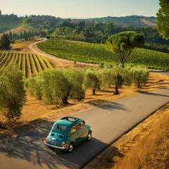 Un'iconica Fiat 500 azzurra percorre una strada tortuosa tra vigneti e ulivi nei **colli bolognesi**, con borghi arroccati all'orizzonte.