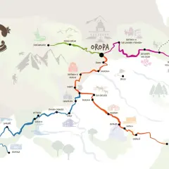 Mappa stilizzata dei cammini in Italia, con sentieri colorati che collegano santuari, rifugi e borghi, tra cui Oropa.