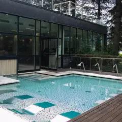 Piscina moderna con mosaico azzurro e bianco, scala a chiocciola in metallo, vetrate e alberi rigogliosi. Un'oasi di relax a Boario Terme.