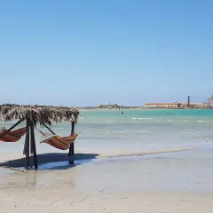 Amache colorate sotto un tetto di paglia, con il mare turchese e antichi edifici all'orizzonte. Un angolo di paradiso a San Teodoro, spiaggia rosa.