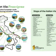 Mappa della Via Francigena con le tappe italiane, da Gran San Bernardo a Santa Maria di Leuca.