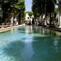 Vasca d'acqua cristallina con alberi secolari e un edificio sullo sfondo, un'oasi di pace a Caramanico Terme.