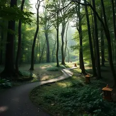Sentiero serpeggiante in un bosco lussureggiante, ideale per cammini spirituali in Italia. Lanterne orientali illuminano il percorso.
