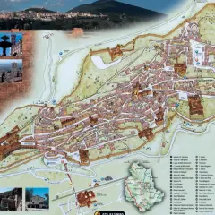 Mappa di Assisi, città medievale in Umbria, dove si trova la Basilica di San Francesco. Include scorci panoramici e dettagli dei monumenti.