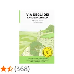 Copertina della guida "Via degli Dei", con un paesaggio montuoso e un escursionista solitario. Perfetta per pianificare il tuo cammino.