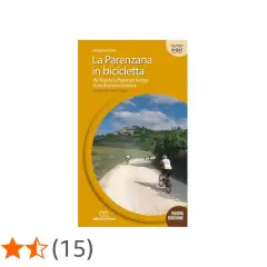 Copertina libro "La Parenzana in bicicletta", con ciclisti su sterrato e borgo in collina. Un invito a scoprire la Parenzana in bici.
