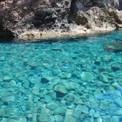 Acque cristalline del mare di Capraia, con fondale roccioso e ciottoli visibili sotto la superficie turchese.