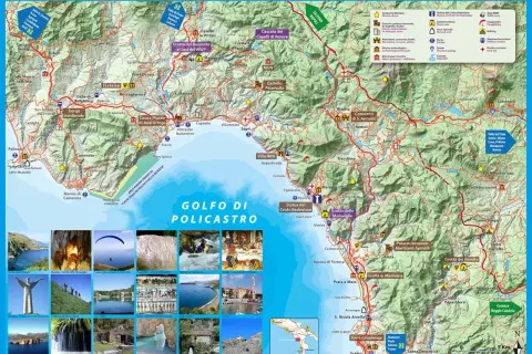 Mappa del Golfo di Policastro con Maratea, che mostra luoghi d'interesse, sentieri e bellezze naturali.