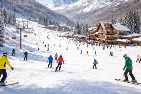 Sciare tra i **impianti sciistici del Centro Italia**, con seggiovie arancioni che salgono verso vette innevate e piste affollate di sciatori.