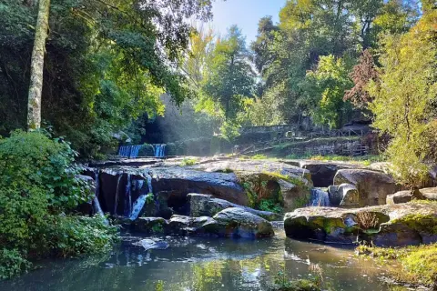 Cascata tra rocce e vegetazione lussureggiante, un angolo di pace che ricorda le montagne del Lazio.