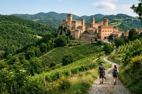 Coppia di escursionisti ammira un suggestivo borgo medievale a Piacenza, circondato da vigneti e colline verdi.