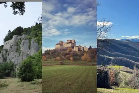 Trekking in Emilia Romagna: roccaforte su roccia, castello medievale e paesaggio appenninico innevato.