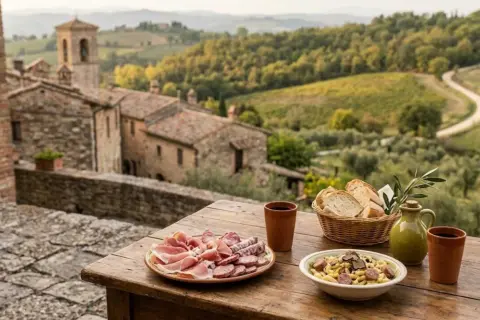 Un pasto delizioso con salumi, pasta e pane, affacciato su uno dei borghi umbri poco conosciuti, tra colline verdi e uliveti.