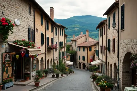 Strada acciottolata tra case in pietra e fiori, un'incantevole immagine di borghi nord Italia con montagne sullo sfondo.