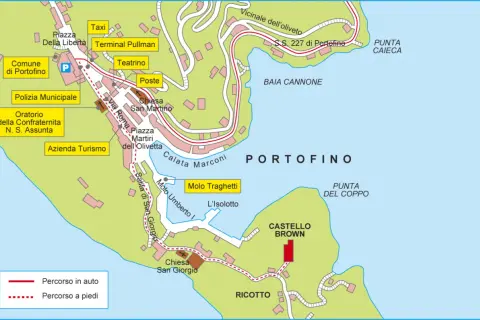 Mappa di Portofino: mostra il comune, il terminal Pullman, il Castello Brown, le chiese e i percorsi a piedi e in auto.