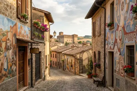 Un pittoresco borgo dei murales con case colorate, un castello in lontananza e un vicolo acciottolato.