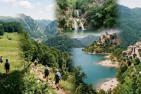 Escursionisti tra le verdi montagne nel Lazio, con cascate, un lago azzurro e borghi arroccati.
