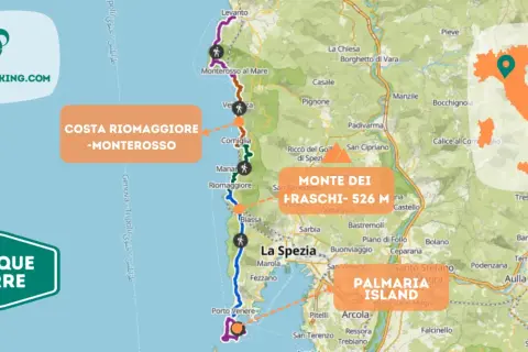 Mappa dettagliata per il tuo viaggio alle Cinque Terre, con sentieri, borghi e la costa da Riomaggiore a Monterosso.