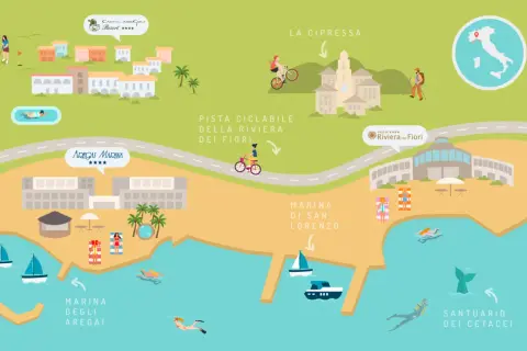Mappa della pista ciclabile della Riviera dei Fiori: da Marina degli Arega, passando per la Marina di San Lorenzo, fino a La Cipressa.