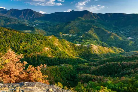Panoramica mozzafiato del passo del Muraglione, con dolci colline ricoperte di boschi lussureggianti e montagne imponenti all'orizzonte.