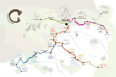 Mappa stilizzata dei cammini in Italia, con sentieri colorati che collegano santuari, rifugi e borghi, tra cui Oropa.