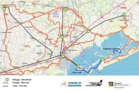 Mappa della ciclabile del Sile, con percorsi ciclabili arancioni, linee ferroviarie nere e punti di noleggio bici gialli. Include Venezia e la laguna.