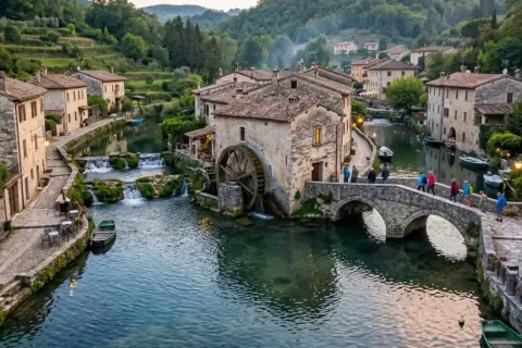 Un incantevole borgo italiano, una vera citta sull'acqua, con case in pietra, un mulino ad acqua e un ponte pittoresco attraversato da persone.