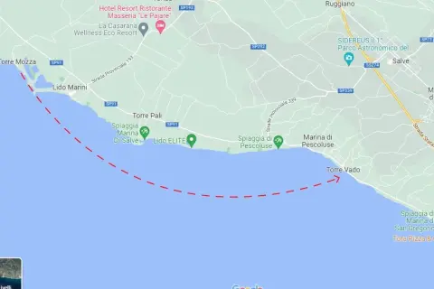 Maldive del Salento: la mappa mostra Torre Mozza, Lido Marini, Torre Pali, Spiaggia Marina di Salve, Lido ELITE, Spiaggia di Pescoluse, Marina di Pescoluse e Torre Vado.