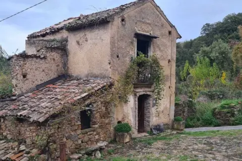 Antica casa in pietra, parte di una città fantasma umbria, con tetto in tegole rotte e vegetazione che cresce ovunque.
