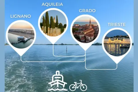 Esplora Lignano, Aquileia, Grado e Trieste via mare. Un viaggio tra storia e bellezze costiere, con opzioni di trasporto in barca e bici.