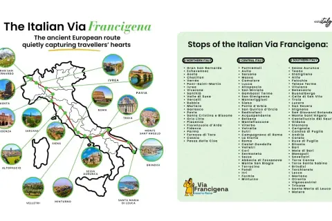 Mappa della Via Francigena con le tappe italiane, da Gran San Bernardo a Santa Maria di Leuca.