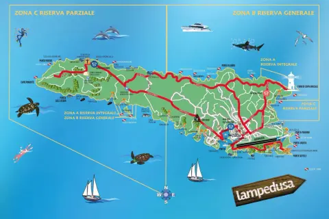 Mappa di Lampedusa con riserve marine, spiagge, porti e sentieri. Scopri dove si trova Lampedusa e le sue meraviglie naturali.