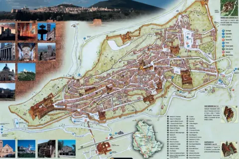 Mappa di Assisi, città medievale in Umbria, dove si trova la Basilica di San Francesco. Include scorci panoramici e dettagli dei monumenti.