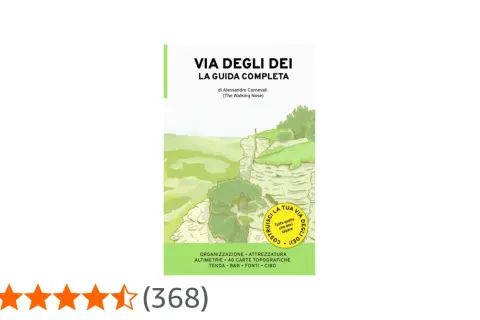 Copertina della guida "Via degli Dei", con un paesaggio montuoso e un escursionista solitario. Perfetta per pianificare il tuo cammino.