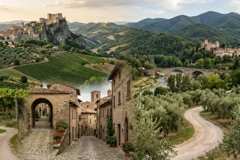 Paesaggi incantevoli di borghi bandiera arancione, con castelli arroccati, vigneti rigogliosi, ponti antichi e vicoli in pietra.