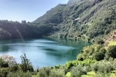 Lago alpino dalle acque verdi, circondato da boschi rigogliosi e terrazzamenti coltivati. Un angolo terme naturale e sereno.